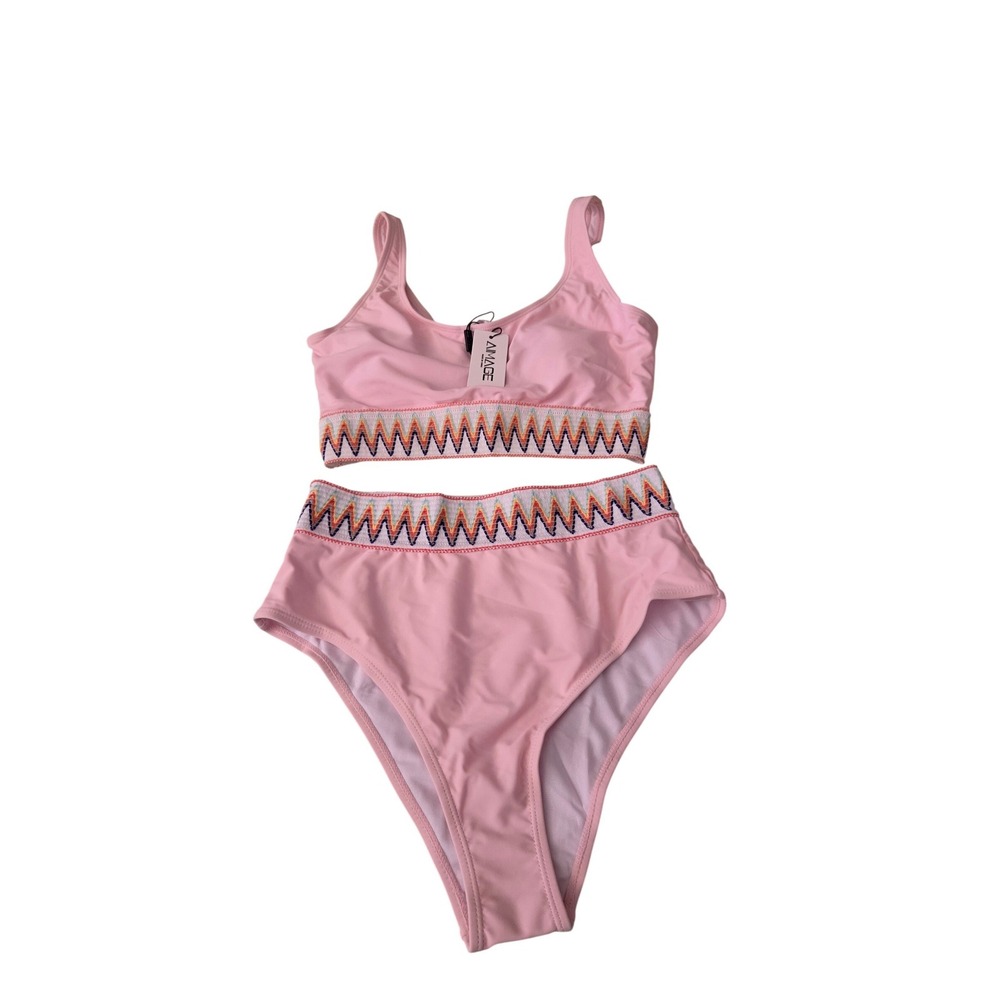 AIMAGE Womens Pink High Waisted Bikini Set Chevron Embroidered Two Piece Size M